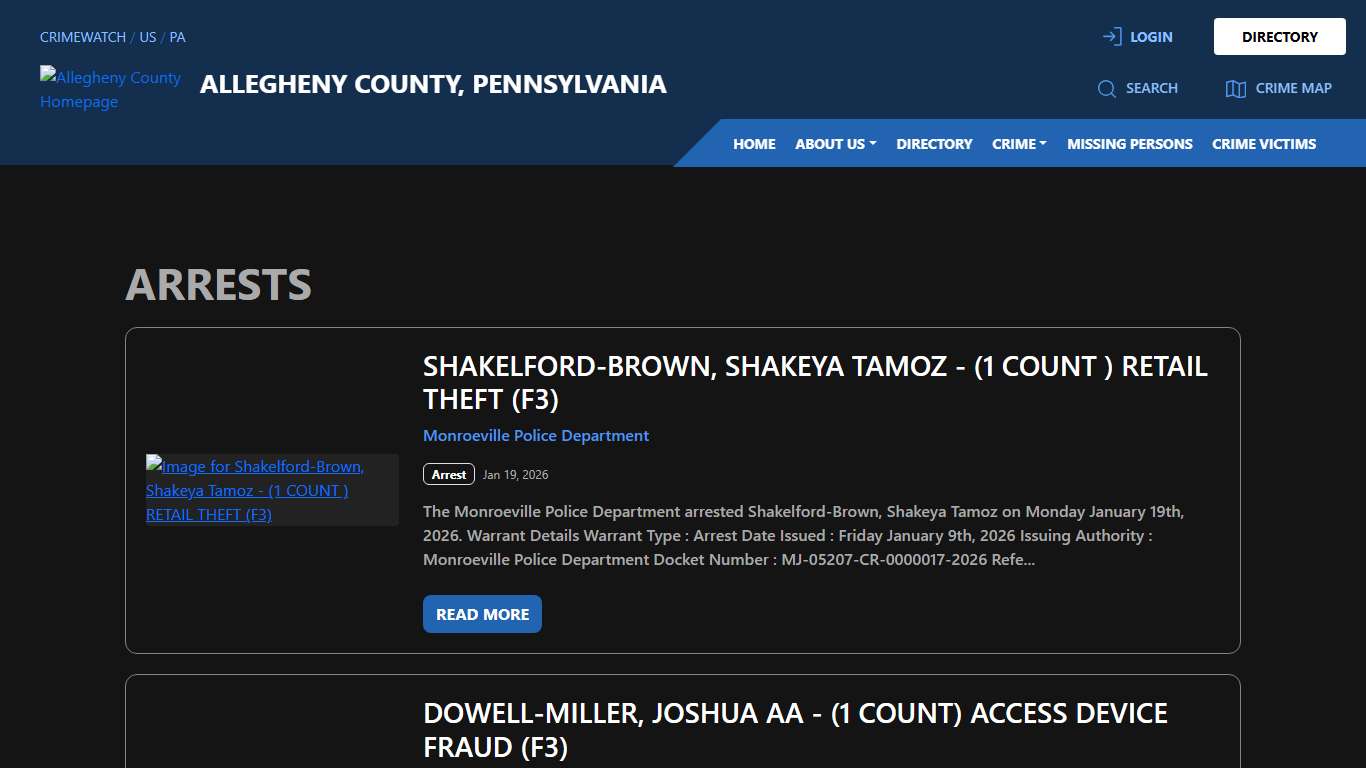 Arrests for Allegheny County, Pennsylvania CRIMEWATCH